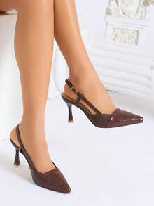 女士尖头细高跟鞋 时尚百搭 工作派对压纹纯色无后跟搭扣高跟鞋 - 深棕色 - 查看 1