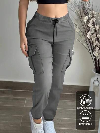 Kadın Bağcıklı Bel Kargo Pantolon, Cep Tasarımı, İlkbahar ve Sonbahar İçin Günlük Açık Hava Jogger Pantolonu Tayt