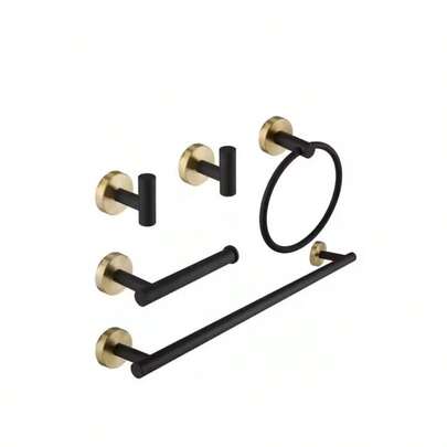 BWE 5-Piece Towel Bar Towel Hook Toilet Paper Holder Andamp; Towel Ring Set Black Gold