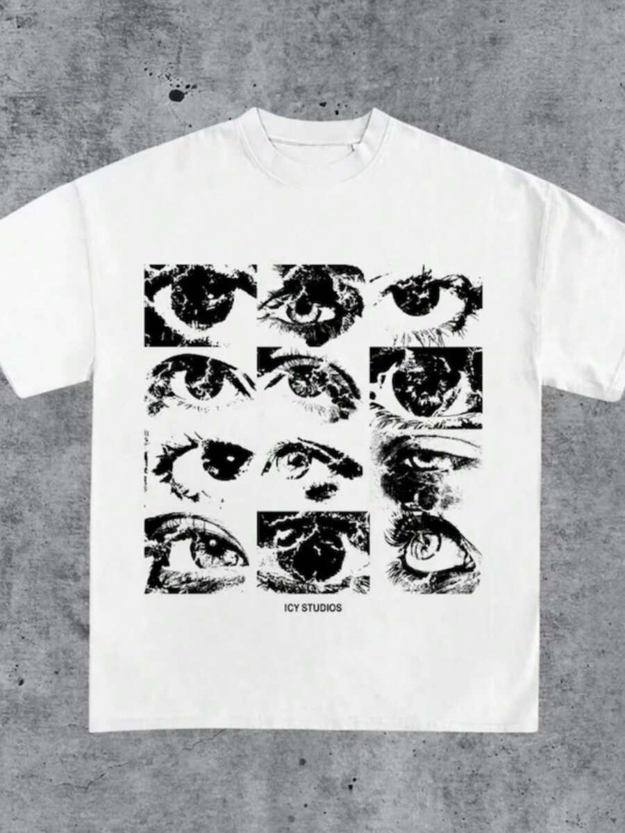 Vintage 90s Gaze Fragment Face Graphic Tee _ Abstract Eyes Art Shirt _ Aesthetic Minimalist Streetwear - 白色 - 查看 1