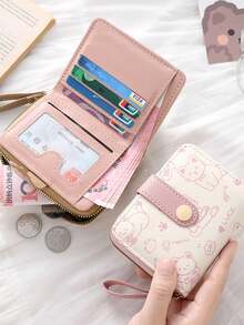 女士迷你钱包，可爱猫咪图案，小巧拉链零钱包，带多卡位和腕带 - 轻便易携，可装现金、身份证和硬币，大容量短款钱包，时尚可爱仿皮零钱包，适合日常使用、通勤上班，也是馈赠亲友的理想之选。