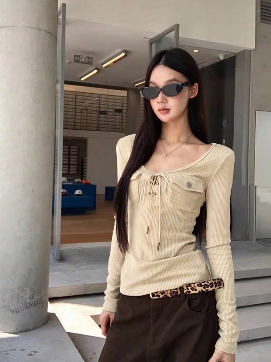 女士长袖T恤，修身轻盈，独特设计，适合秋冬季叠穿 - 杏色 - 查看 1