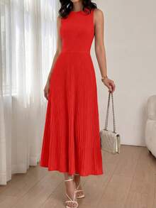 Women Summer Sleeveless Midi Dress Crewneck Ribbed Knit Pleated Swing A-Line Flowy Dress Solid Color Casual Spring Holiday Vacation Valentine Long Midi Dress Outfits - 磚紅色 - 查看 3
