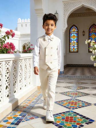 3 st Kids Performance Suit Set (väst + byxor + pilbåge) för pojkar, barn bröllopsfest scen kostymer