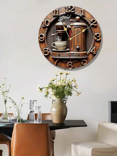 1pc 8-Inch Silent Acrylic Quartz Wall Clock, Round Frame Design, Battery Operated (Battery Not Included), Suitable For Home And Cafe Decor, Living Room Wall Clock | Coffee Theme Decor | Acrylic Material