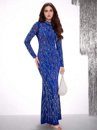 Elegant långärmad bodycon-klänning med pärlmönster och strassutsmyckning för kvinnor, formell festklänning