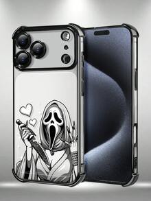 1pc New Simple Skull & Ghost Face Electroplated Airbag Anti-Fall/Thickened Transparent TPU Phone Case Compatible With Apple 17 Air/17 Pro Max, 16 Pro Max/16 Pro/16/13 Pro Max/12 Pro Max 11, 15 Pro Max, 14 Pro Max And Other Models - Black - View 1