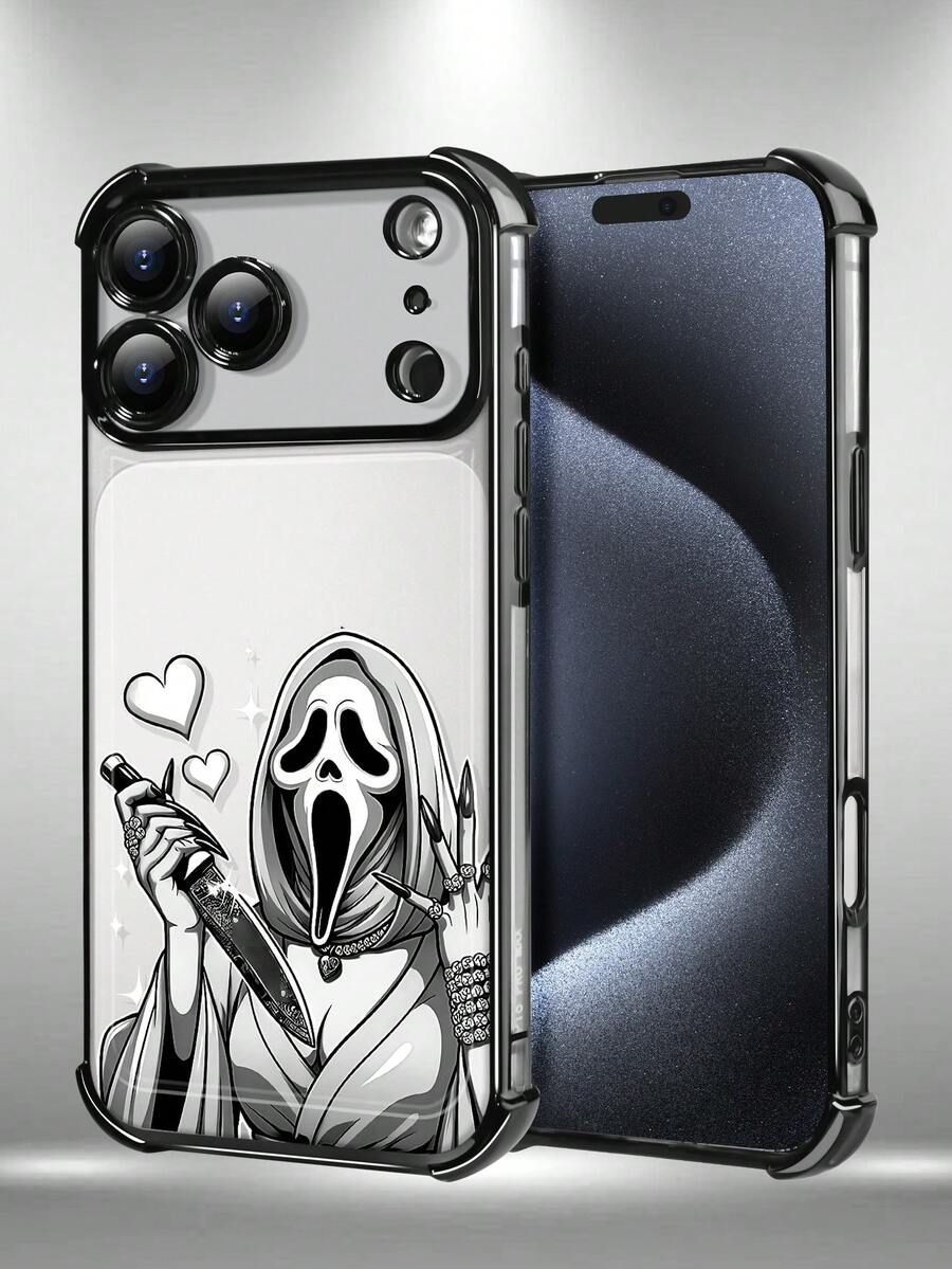 1pc New Simple Skull & Ghost Face Electroplated Airbag Anti-Fall/Thickened Transparent TPU Phone Case Compatible With Apple 17 Air/17 Pro Max, 16 Pro Max/16 Pro/16/13 Pro Max/12 Pro Max 11, 15 Pro Max, 14 Pro Max And Other Models - Black - View 1