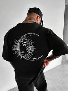 Men's Fashionable Star & Moon Print Black Crew Neck Short Sleeve T-Shirt, Summer - Black - View 1