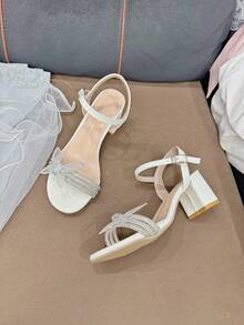 新款水钻闪亮蝴蝶结细高跟凉鞋，适合青少年及各种场合 - 白色 - 查看 12