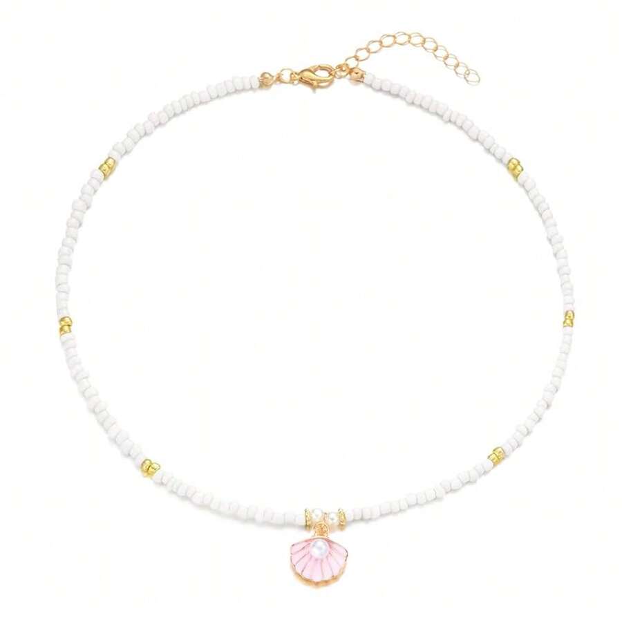 Seashell Pearl Pendant Necklace Gold Plated Boho Enamel Pink Blue Scallop Sea Shell Starfish Ocean Animal Chain Necklace For Women Hawaiian Summer Beach Holiday Fashion Jewelry Gifts - 白色串珠項鍊 - 查看 1
