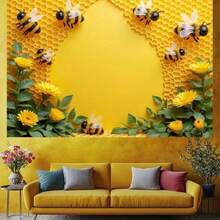 1pc 2D Flat Banner, Polyester Material, Honeycomb & Sunflower Pattern Background Cloth, Multipurpose Banner Suitable For Birthday, Celebration, Garden And Room Decoration, No Electricity Required, Party Backdrop, Banner, Honeycomb Design, Ideal For Bee-Themed Decor - Apricot - View 5
