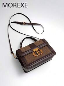 Sac à main pour femme, sac carré petit avec décoration de fermoir torsadé à la mode, sac pour femme avec décoration patchwork, sac carré polyvalent pour les déplacements, sac à bandoulière croisé - Café - Voir 1