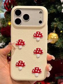 可爱卡通3D刺绣蘑菇荔枝图案手机壳，兼容 17 Pro Max、17 Pro、17、16 Pro Max、16 Pro、16、16、15 Pro Max、15 Pro、14 Pro Max、14 Pro、13、12 Pro Max、11、16、15、14 Plus，春季创意可爱软磨砂防摔软壳 - 白色 - 查看 3