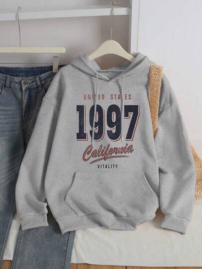 Women's Retro-Style Hooded Sweatshirt With 1997 California Graphic And Letter Print, A Casual American-Style Top, Comfortable And Versatile, Fashionable Autumn And Winter Women's Clothing, Suitable For Everyday Wear And Commuting. Drawstring Casual Hooded Pullover Sweater For Autumn And Winter.