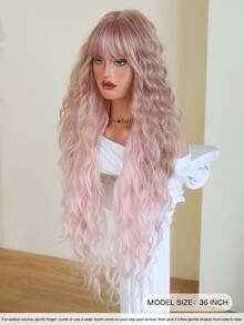 7JHH WIGS 高品质36英寸超长波浪卷发假发，优雅粉色渐变超长波浪假发，刘海挑染金色，耐热纤维材质，无胶合成全机编织，适合日常佩戴、音乐节派对、街头风、动漫角色扮演或服装搭配，是女孩毕业礼物和假发配件的理想之选。 - 粉色 - 查看 5