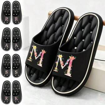 男女通用防滑软底防漏浴室拖鞋，男女通用，室内家居EVA软底情侣拖鞋，带字母A-Z印花，打孔速干浴室拖鞋