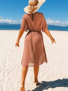 Women's Short Sleeve Belted Cover Up Solid Lightweight Beach Sunscreen - Camel - View 4