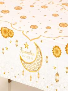 1/2pcs Ramadan Kareem Disposable Plastic Tablecloth | 86.61*51.18inch White Golden Moon Star Lantern Pattern Tablecover, Ramadan Decoration For Home, Islamic Muslim Party Supplies, Eid Al-Fitr Gifts, Party Tablecovers - Multicolor - View 6