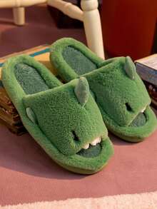 Men's Cartoon Shark Slippers, Solid Color Simple Open-Toe Fluffy House Slippers, Suitable For Autumn/Winter - Green - View 7