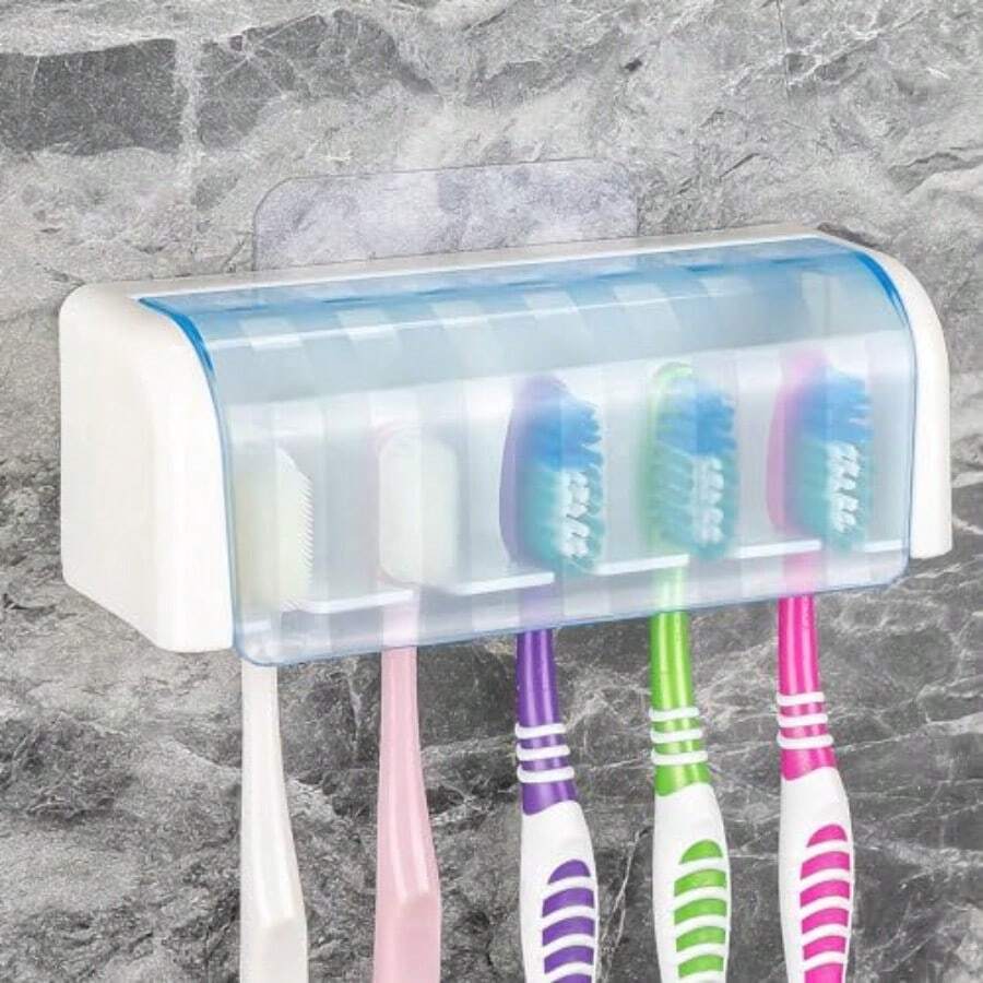 5 Slots Wall Mount Toothbrush Holder With Cover Self Adhesive Toothbrush Storage Organizer For Shower Toothbrush Hanger With Automatic Toothpaste Squeezer Dispenser - 白色+藍色 1包 - 查看 1