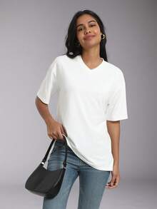 Women's Solid Color V-Neck Sports T-Shirt White Summer - White - View 1