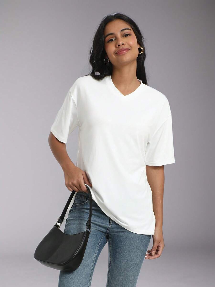 Women's Solid Color V-Neck Sports T-Shirt White Summer - White - View 1