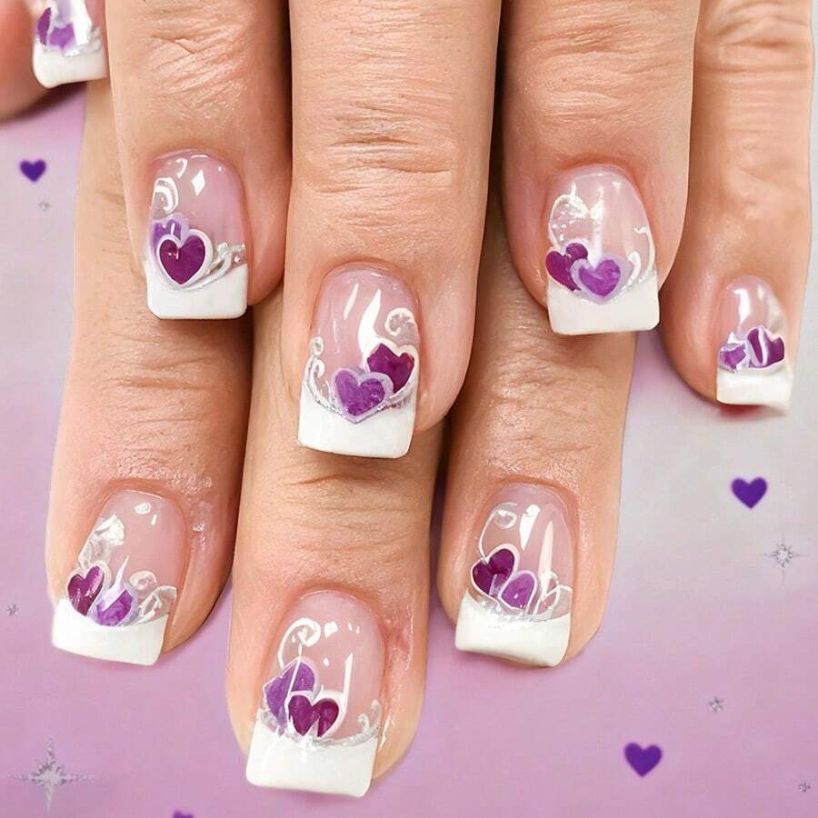 A Box Of 24 Pieces Of Short Glossy European Nail Art Lines Purple French Love Wearable Nail - 紫色 - 查看 1