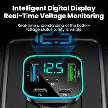 Black Matching Style Second Phase Cell Phones Car Charger 2U+3C 5-Port Digital Display Car Charger Valentine's Day Gift - one-size - View 4