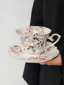 1 Set Cup + Saucer, Luxury European Style Gold Rimmed Rose Flower Coffee Cup, Elegant Afternoon Tea Set, High-End Cappuccino Latte Art Cup & Saucer, Dessert Plate, Suitable For Restaurant, Living Room, Cafe - Multicolor - View 3