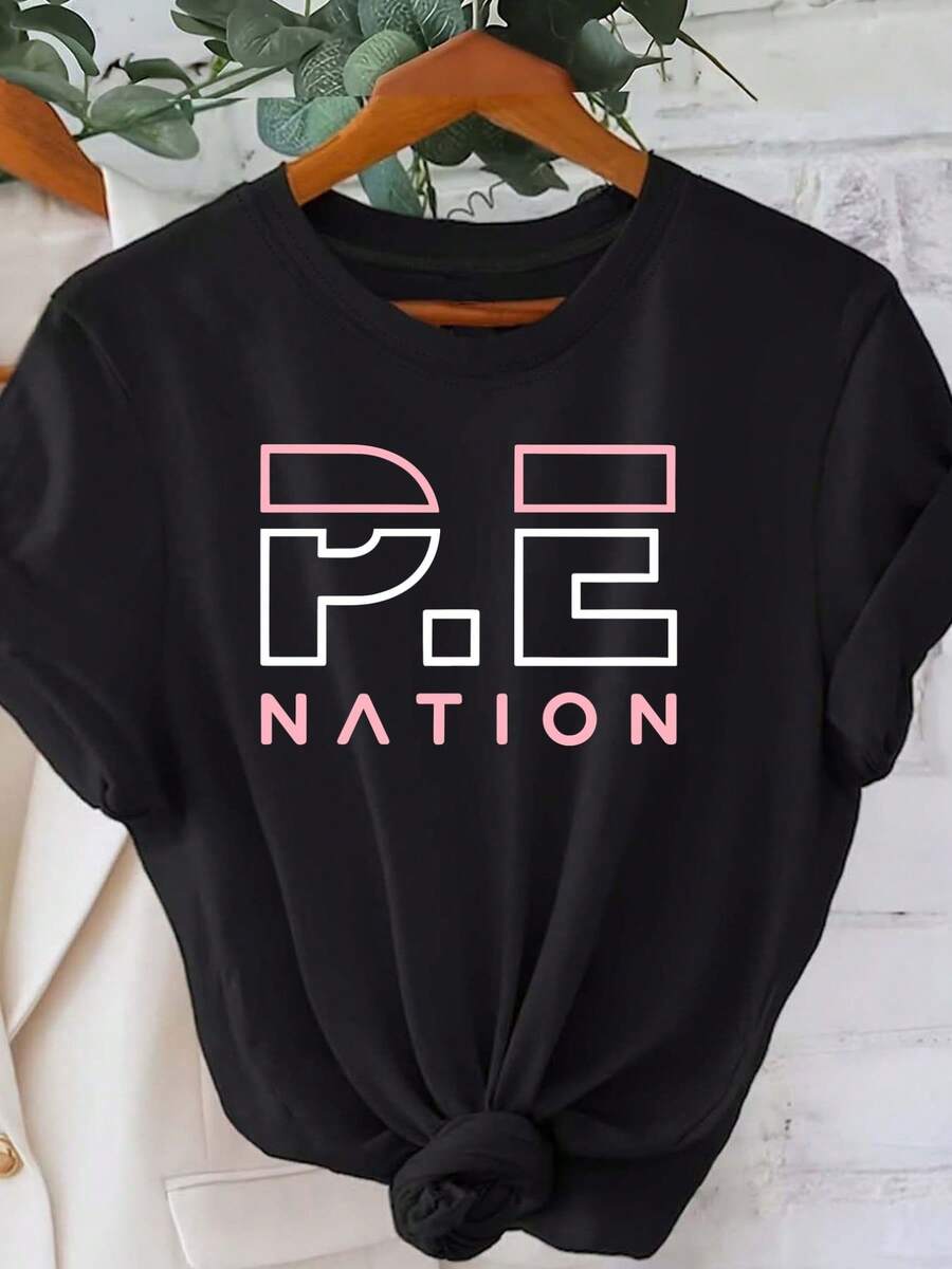 PE Nation Women Casual Short Sleeve T-Shirt With Printed Round Neck Fashionable Regular Fit Tee - 黑色 - 查看 1