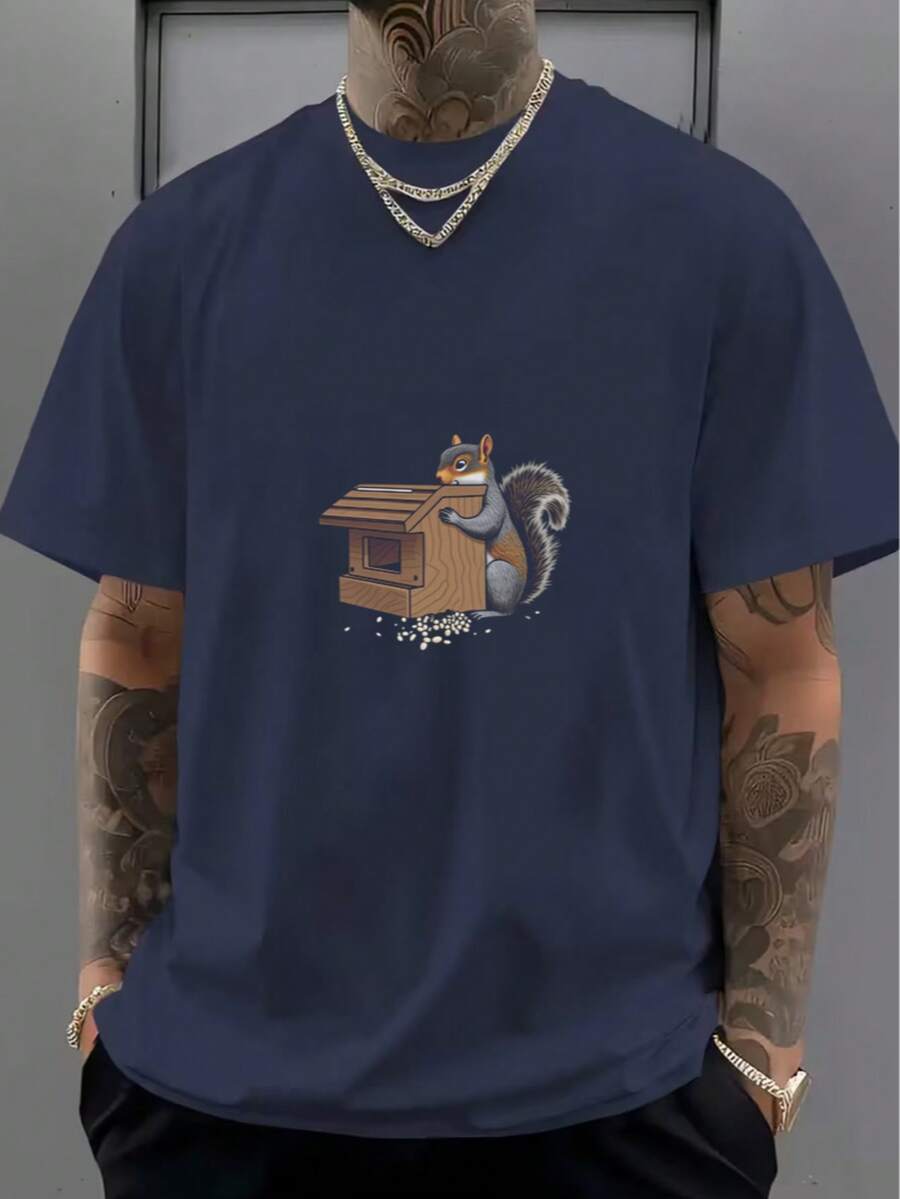 Esencial de Camiseta de algodón negro con patrón de ardilla - Azul Marino - Ver 1