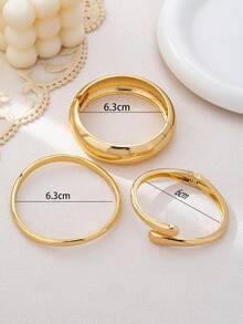 3pcs/1set Minimalist Geometric Asymmetrical Teardrop Thick Textured Gold-Tone Bangle Bracelet Set, Suitable For Women, Chunky Smooth Matte Heavy Metal & Zinc Alloy Material - Yellow Gold - View 3