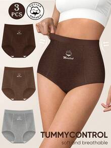 MEIYATING 3条装女士纯棉高腰塑形内裤，对称线条设计，时尚英文印花三角裤，适合日常通勤穿着。 - 彩色 - 查看 2