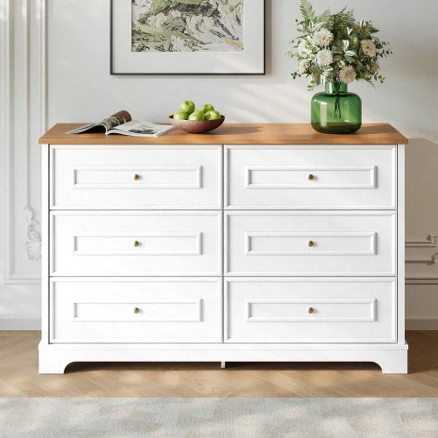 Modern Six-Drawer Sideboard With A Minimalist Design, Ideal For The Living Room, Dining Room, Or Entryway. Dimensions: 120 X 40 X 76 Cm - Natural Color+White - View 1