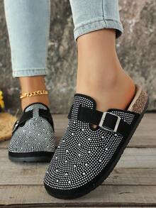 女士套脚凉鞋，舒适时尚，卡其色布面鞋面，金属搭扣装饰，圆头，低跟，防滑橡胶鞋底，带金属搭扣的套脚闭趾凉鞋（尺码偏小两码） - 黑色-滿鑽 - 查看 4