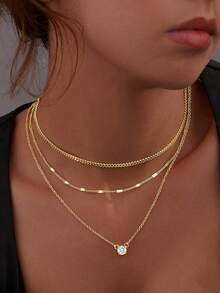 Teen Layered Gold Necklace, Exquisite Pendant Necklace, Inlaid With Cubic Zirconia Circles, Thick Stacked Cuban Chain Necklace, Fashionable Waterpr For Kids - Multicolor - View 5