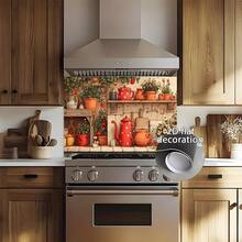 1-Piece 2D Flat Kitchen Sticker Features Red Cookware, Clay Pots, And Green Plants, Creating A Retro And Cozy Atmosphere. This Kitchen Wall Sticker Is Easy To Install, , And Made Of High-Quality PVC Material. - Multicolor - View 9