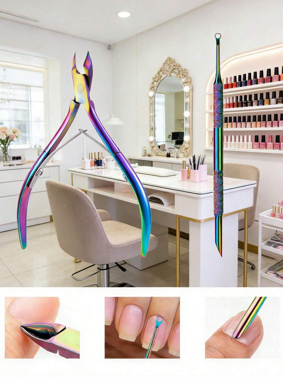 1 Set Includes 1 Stainless Steel Professional Nail Clipper And 1 Angled Cuticle Pusher, Multi-Function Cuticle Remover Manicure Care Set, Suitable For Salons And Women, Nail Care Tools, Nail Art Tools, Back To School Essential