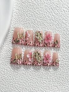 Bộ 10 miếng dán móng tay họa tiết da báo hồng, móng giả hình quan tài, móng giả hình hạnh nhân, móng giả hình vịt, miếng dán móng kiểu Pháp, hình bướm vàng, hoa tím nhạt, hoa đất sét hồng, sơn móng tay hồng, kèm bộ dụng cụ (1 miếng dán gel + 1 dũa móng), lý tưởng cho phụ nữ sử dụng trong các bữa tiệc, ngày lễ, mùa thu/đông, đi chơi, hẹn hò và các dịp khác. Móng giả dán thủ công. - Nhiều màu - Xem 11