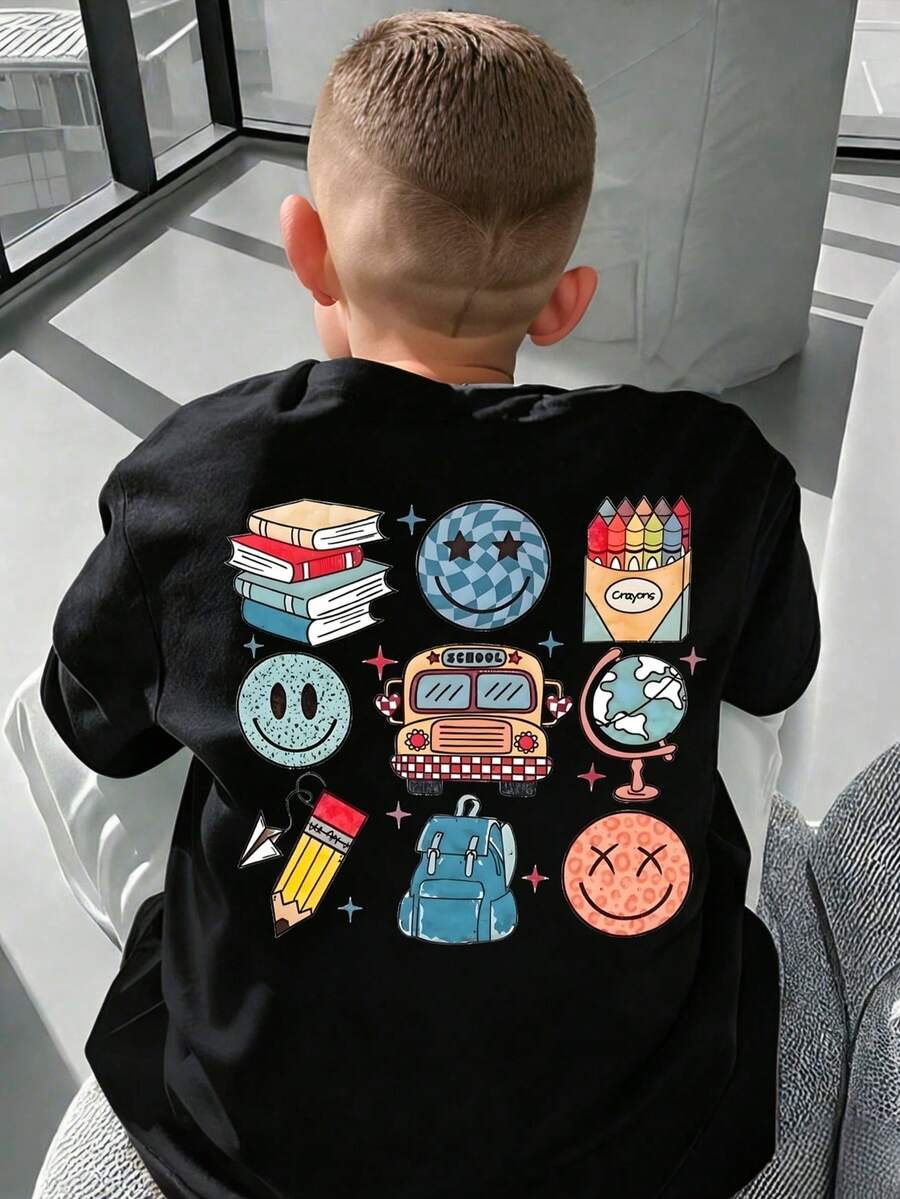 青少年男孩卡通图案黑色圆领短袖T恤 - 黑色 - 查看 1