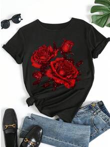 Camiseta casual de mujer de cuello redondo y manga corta en color blanco con estampado gráfico de rosa roja brillante. Blusa holgada con estampado floral para uso diario - Negro - Ver 5