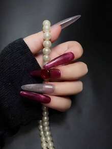 10pcs Pure Handmade Press On Nails Extra Long Nails Oval Nails The Main Color Combination Is Wine Red Berry Color And Cool-Toned Gray Pink Cat Eye. Adorned With Transparent Wine Ruby Decorations, It Resembles Small Diamonds In The Dark Night, Exquisite Yet Not Ostentatious. Gentle Elegant Cute Nails For Ladies And Girls Spring Summer Fall Winter Festivals Parties And Daily Life Use - Red and White - View 2