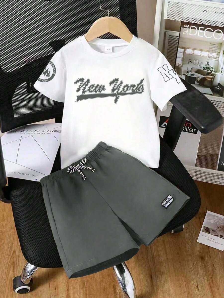 Young Boy Letter Print Short Sleeve T-Shirt And Shorts - Grey - View 1