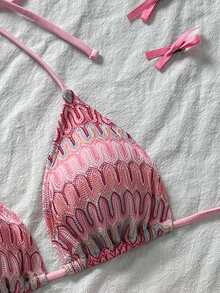 女士独特纹理面料比基尼两件式泳衣，可爱挂脖式露背设计 - 粉色 - 查看 2