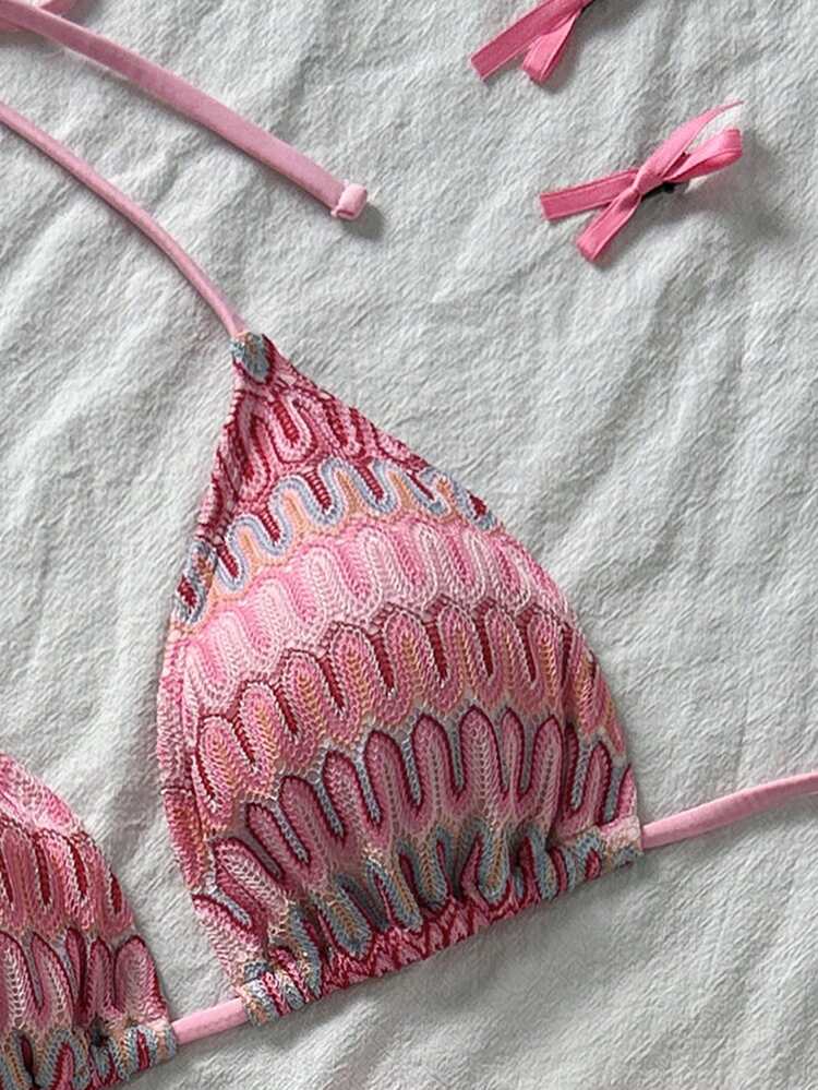Bikini 2 pièces en tissu texturé unique pour femmes, design mignon à bretelles fines et dos nu, pour vacances à la plage en été, rose - Rose bonbon - Voir 3