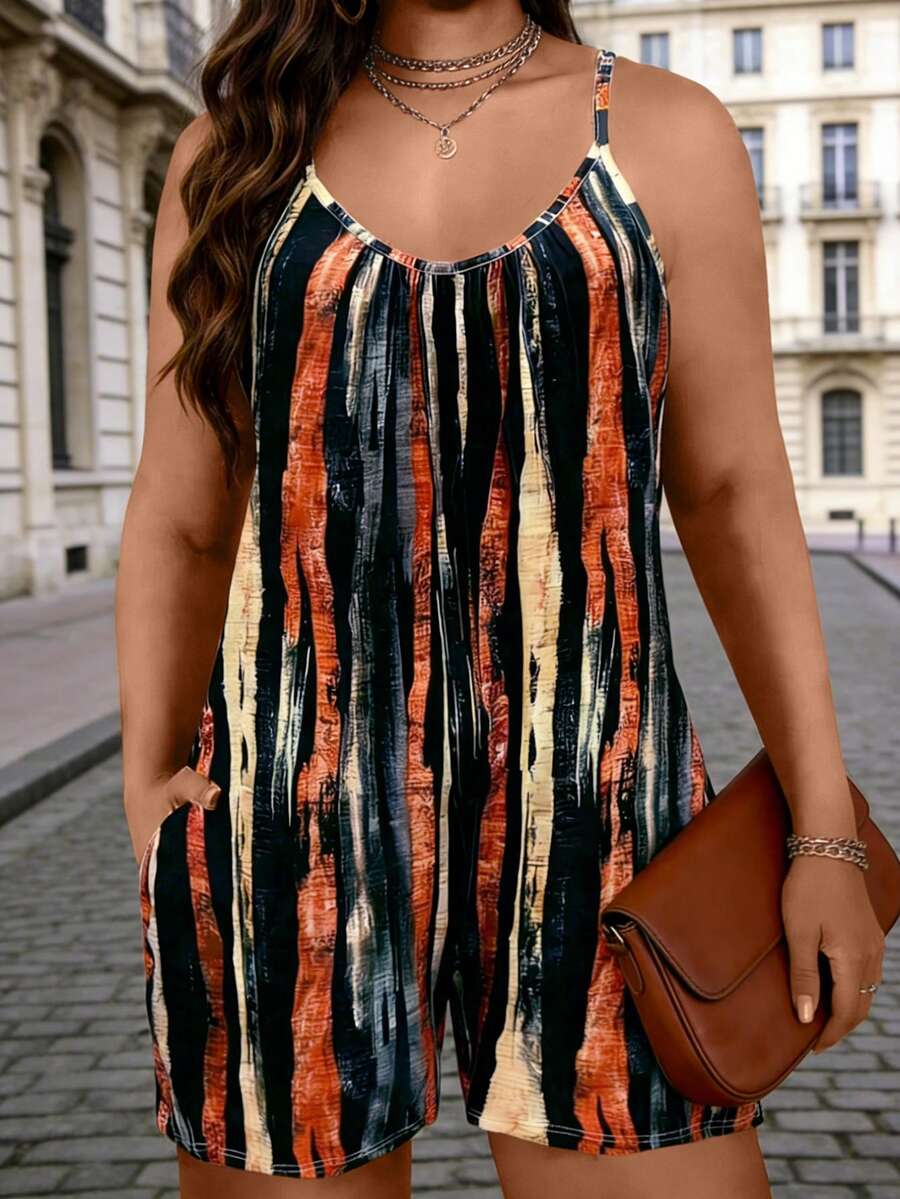Cami-Mono de verano con impresión de cepillo para tallas grandes - Negro - Ver 1