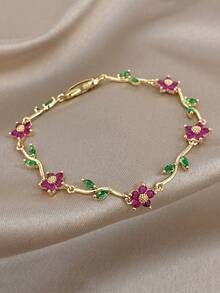 1 Pulsera Ajustable Delicada Con Cadena Y Flor De Cerezo Bañada En Oro 18K Con Circonita Rosa Estilo Bohemio Para Mujer, Ideal Para Uso Diario, Bodas, Citas, Aniversarios, Cumpleaños, Navid - 1 unidad - Edición Diamante Blanco - Ver 8