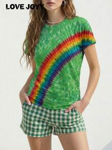 LOVE JOYY Women's Green Round Neck Short Sleeve T-Shirt, Casual & Comfortable, Rainbow Graphic, Ideal For St. Patrick's Day Parties & Summer Outings - Multicolor - View 5