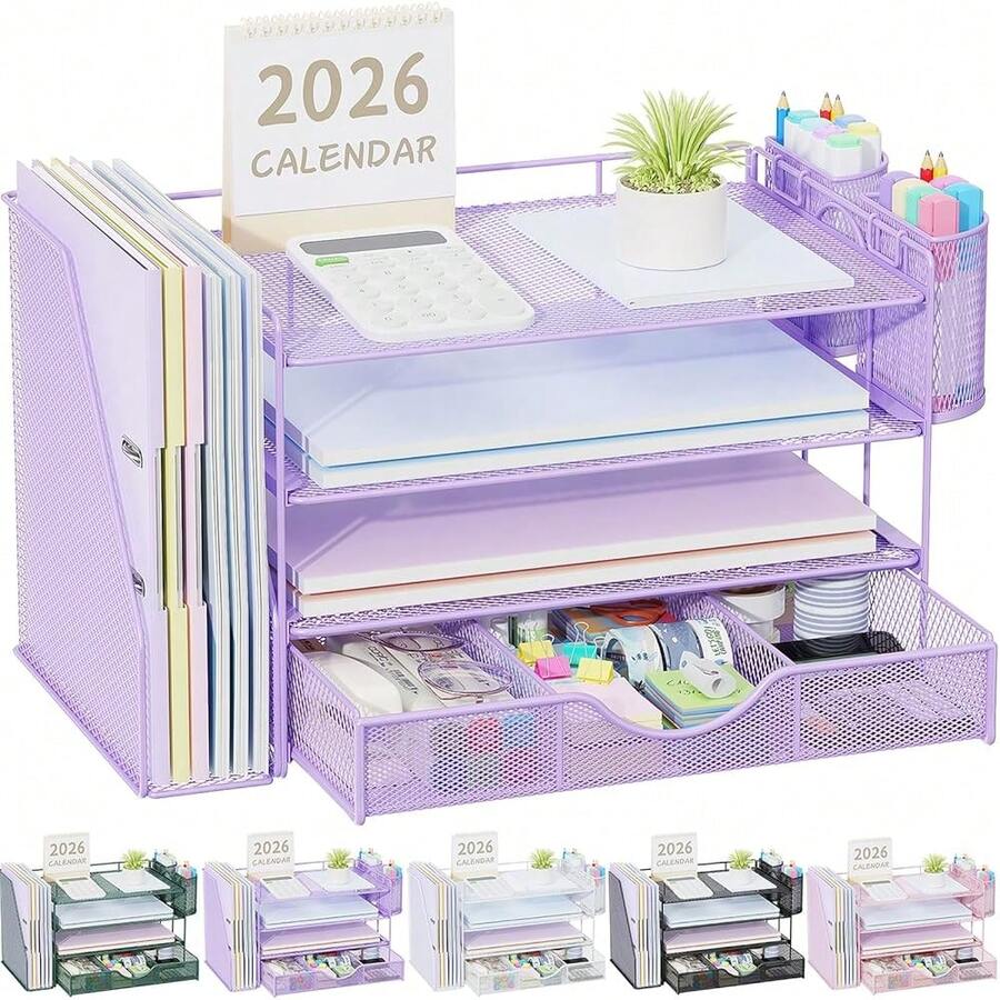 Gianotter Desk Organizers And Accessories With File Holder, 4-Tier Desk Accessories & Workspace Organizers With Drawer And 2 Pen Holder, Paper Organizer For Office Supplies (Purple) - Purple - 查看 1